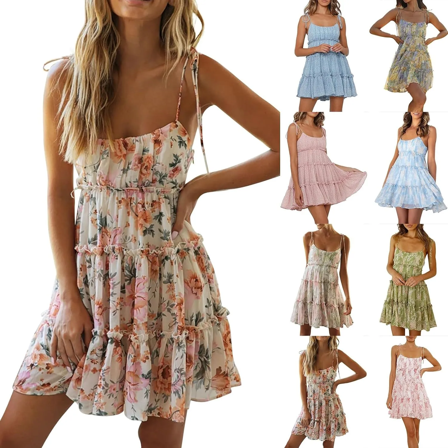 Floral Dress for Women Summer Adjustable Spaghetti Straps Mini Dresses Loose Fit Boho Beach Ruffle Tiered Flowy Dress