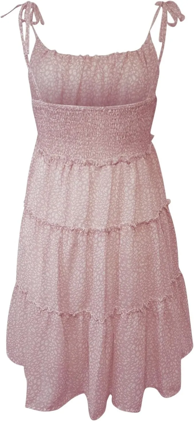 Floral Dress for Women Summer Adjustable Spaghetti Straps Mini Dresses Loose Fit Boho Beach Ruffle Tiered Flowy Dress
