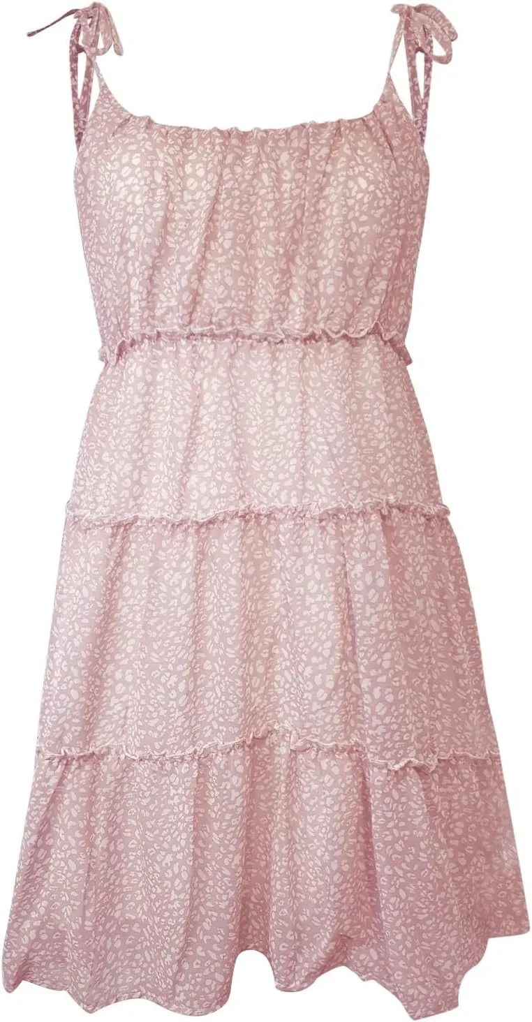 Floral Dress for Women Summer Adjustable Spaghetti Straps Mini Dresses Loose Fit Boho Beach Ruffle Tiered Flowy Dress