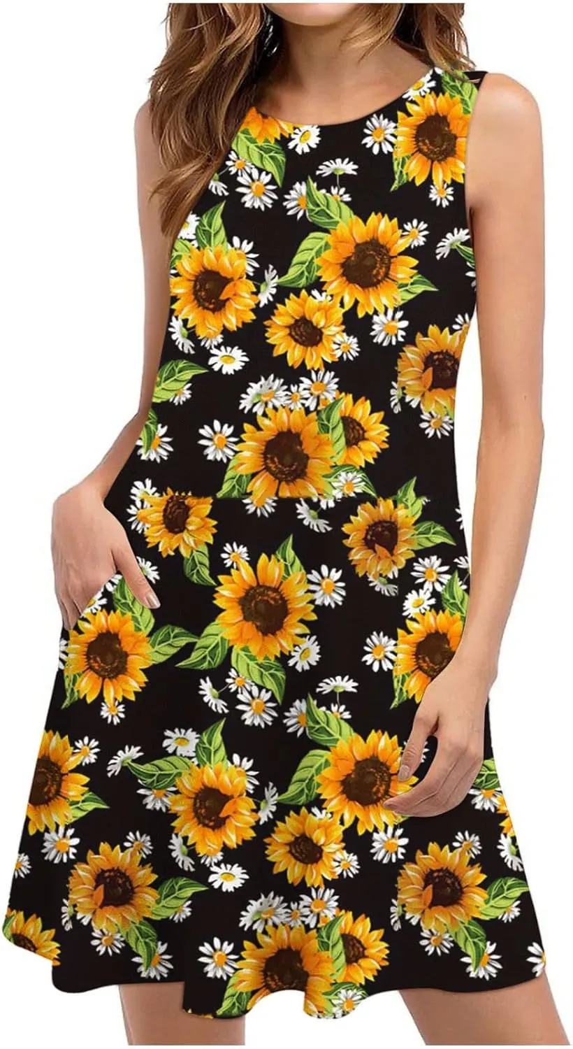 Floral Dresses for Women 2024 Casual Crew Neck Sundresses with Pockets Loose A Line Short Summer Dresses Beach Dress