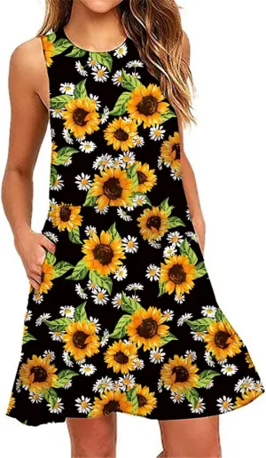 Floral Dresses for Women 2024 Casual Crew Neck Sundresses with Pockets Loose A Line Short Summer Dresses Beach Dress