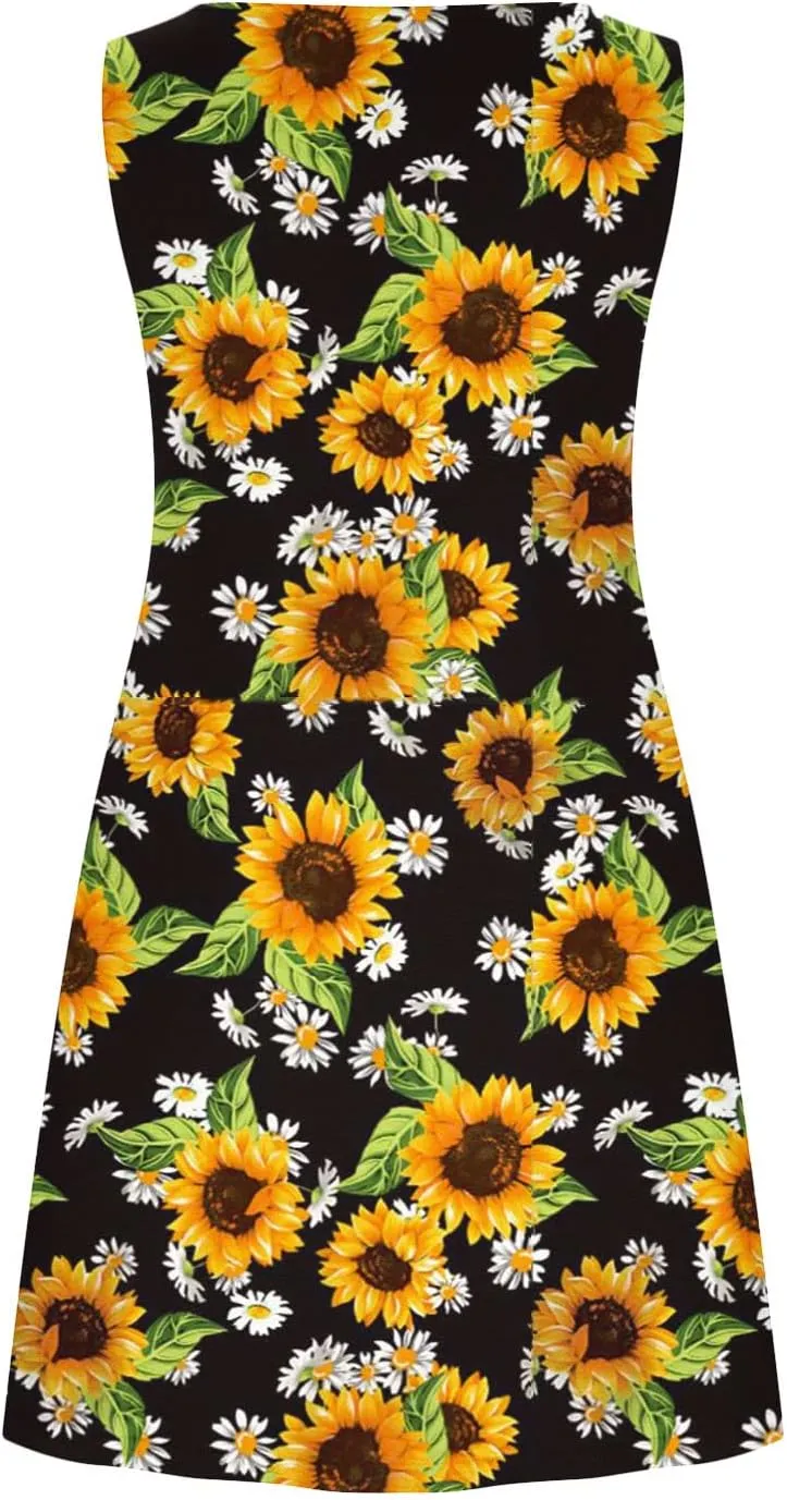 Floral Dresses for Women 2024 Casual Crew Neck Sundresses with Pockets Loose A Line Short Summer Dresses Beach Dress