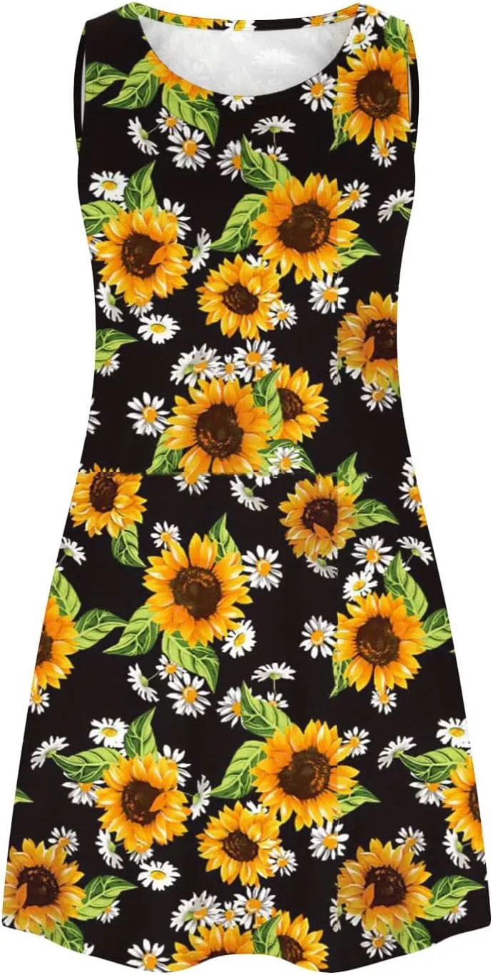 Floral Dresses for Women 2024 Casual Crew Neck Sundresses with Pockets Loose A Line Short Summer Dresses Beach Dress