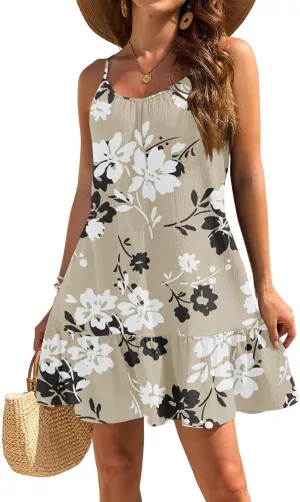 Floral Mini Summer Dresses for Women, Spaghetti Strap Cold Shoulder Ruffle Hem Swimsuits Beach Cover Up Sundress