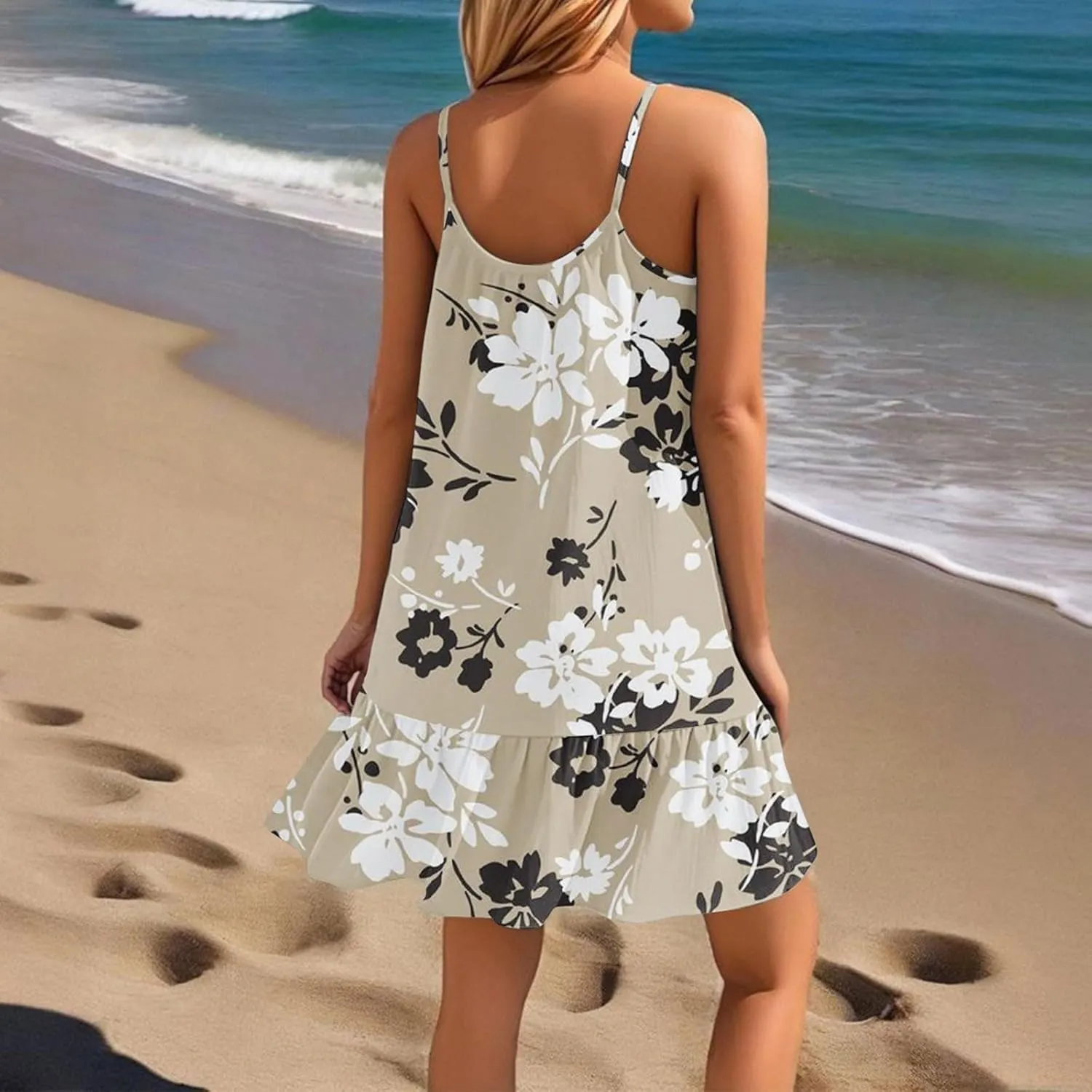 Floral Mini Summer Dresses for Women, Spaghetti Strap Cold Shoulder Ruffle Hem Swimsuits Beach Cover Up Sundress