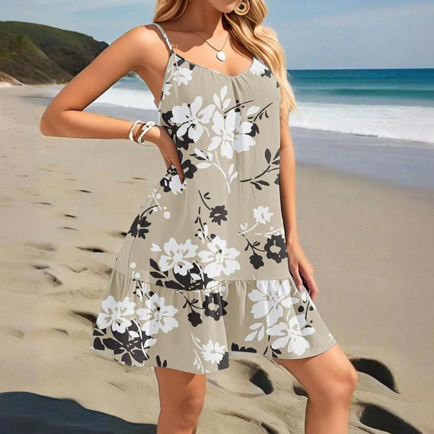 Floral Mini Summer Dresses for Women, Spaghetti Strap Cold Shoulder Ruffle Hem Swimsuits Beach Cover Up Sundress
