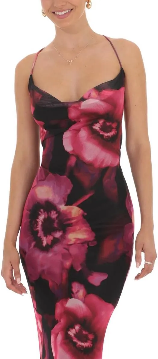 Floral Spaghetti Strap Maxi Dress Mesh Bodycon Sexy Backless Open Back Tie Up Slip Party Long Dresses Summer Sundress