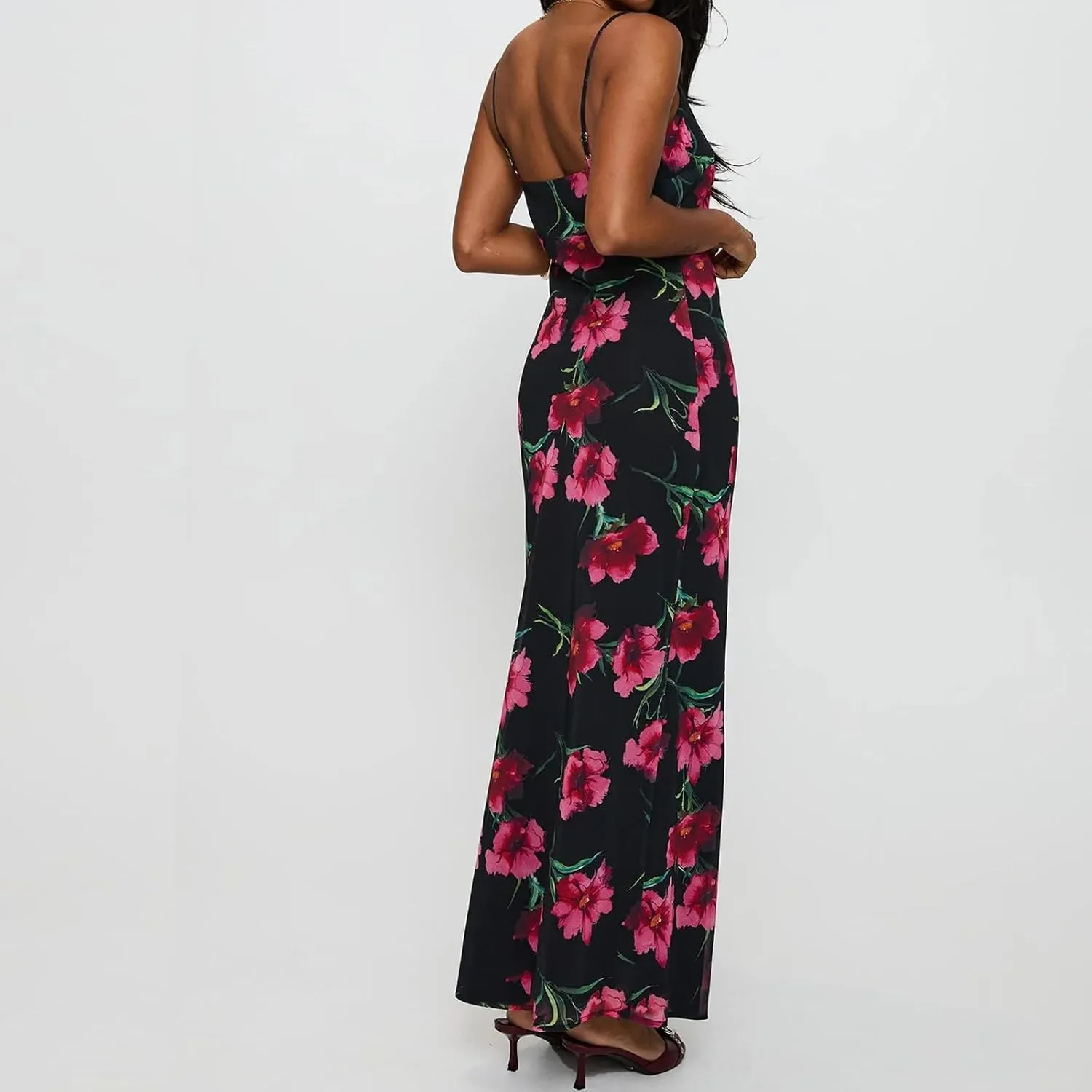 Floral Spaghetti Strap Maxi Dress Mesh Bodycon Sexy Backless Open Back Tie Up Slip Party Long Dresses Summer Sundress