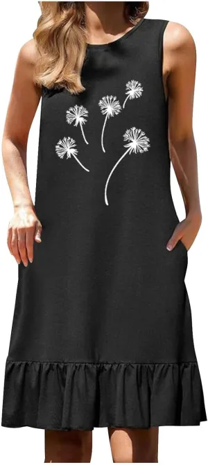 Flowy Dresses for Women Casual Sleeveless Floral Print Sundress Ruffle Hem Midi Tank Beach Dress with Pockets