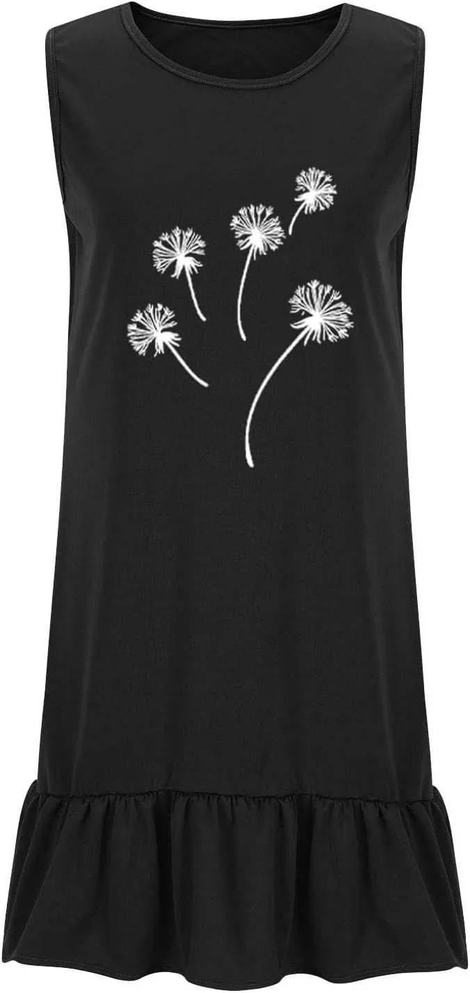 Flowy Dresses for Women Casual Sleeveless Floral Print Sundress Ruffle Hem Midi Tank Beach Dress with Pockets