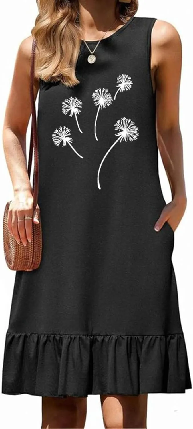 Flowy Dresses for Women Casual Sleeveless Floral Print Sundress Ruffle Hem Midi Tank Beach Dress with Pockets