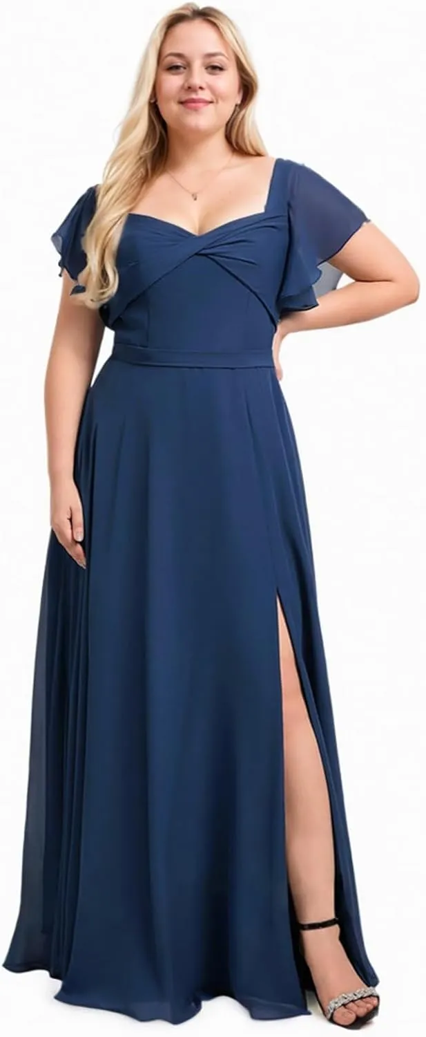 Flutter Short Sleeve Chiffon Bridesmaid Dresses for Women Long Ruched Square Neck Formal Evening Gown with Pockets