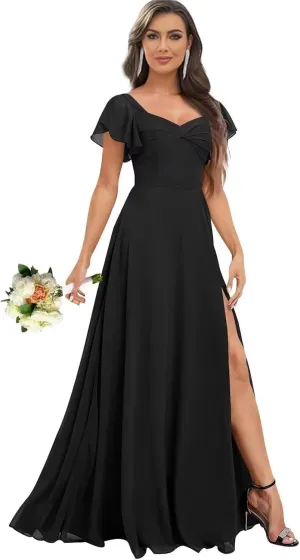 Flutter Short Sleeve Chiffon Bridesmaid Dresses for Women Long Ruched Square Neck Formal Evening Gown with Pockets