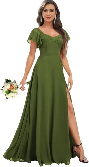 Flutter Short Sleeve Chiffon Bridesmaid Dresses for Women Long Ruched Square Neck Formal Evening Gown with Pockets