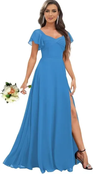 Flutter Short Sleeve Chiffon Bridesmaid Dresses for Women Long Ruched Square Neck Formal Evening Gown with Pockets