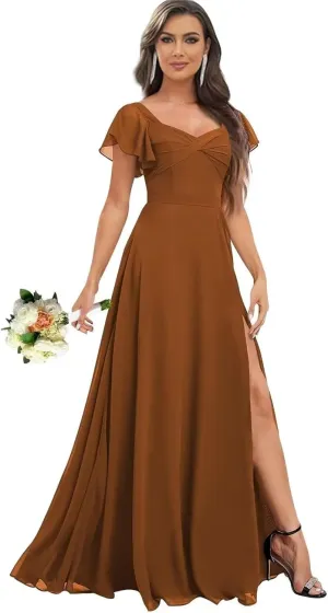 Flutter Short Sleeve Chiffon Bridesmaid Dresses for Women Long Ruched Square Neck Formal Evening Gown with Pockets