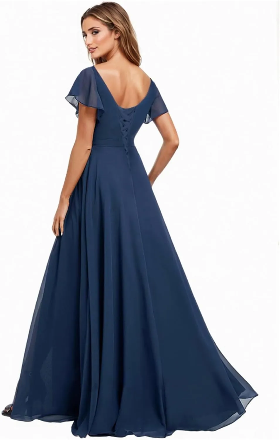Flutter Short Sleeve Chiffon Bridesmaid Dresses for Women Long Ruched Square Neck Formal Evening Gown with Pockets
