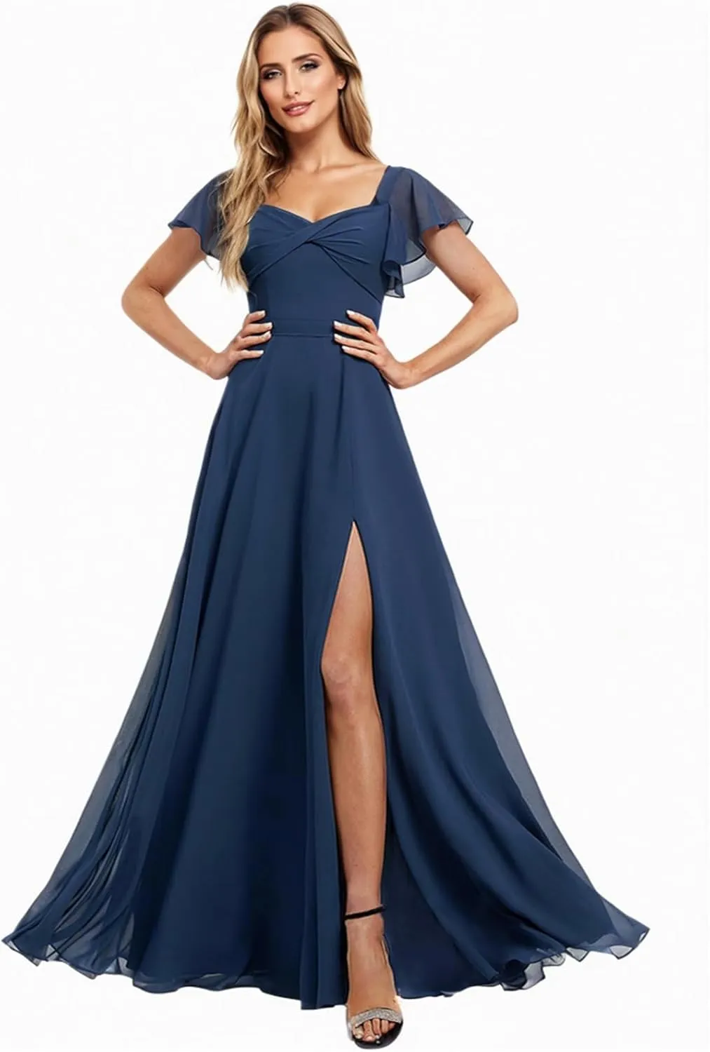 Flutter Short Sleeve Chiffon Bridesmaid Dresses for Women Long Ruched Square Neck Formal Evening Gown with Pockets