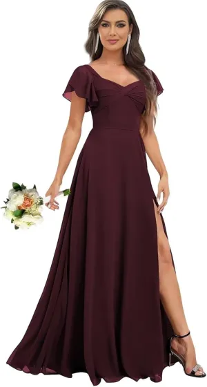 Flutter Short Sleeve Chiffon Bridesmaid Dresses for Women Long Ruched Square Neck Formal Evening Gown with Pockets