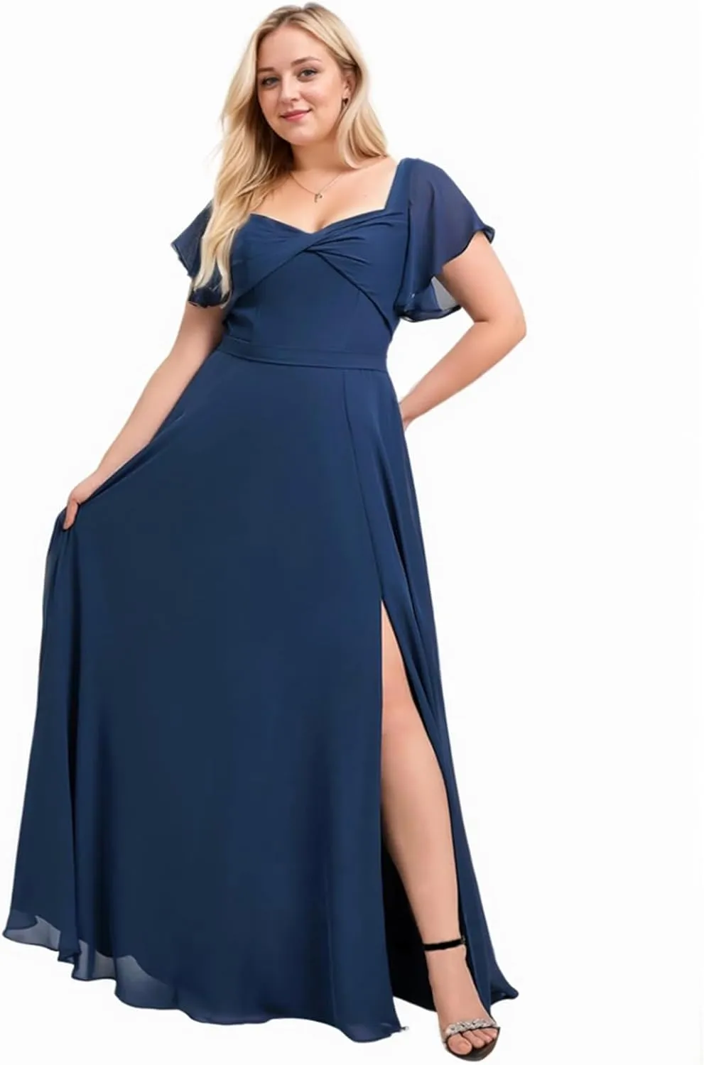 Flutter Short Sleeve Chiffon Bridesmaid Dresses for Women Long Ruched Square Neck Formal Evening Gown with Pockets