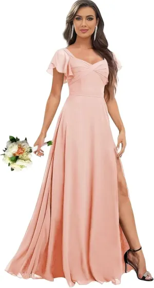 Flutter Short Sleeve Chiffon Bridesmaid Dresses for Women Long Ruched Square Neck Formal Evening Gown with Pockets