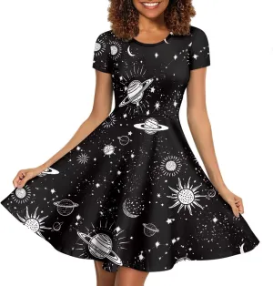 Forchrinse Purple Galaxy Starry Space Womens Dress Short Sleeve Summer Sundress Plus Size Tunic Dresses Elegant Midi Dress