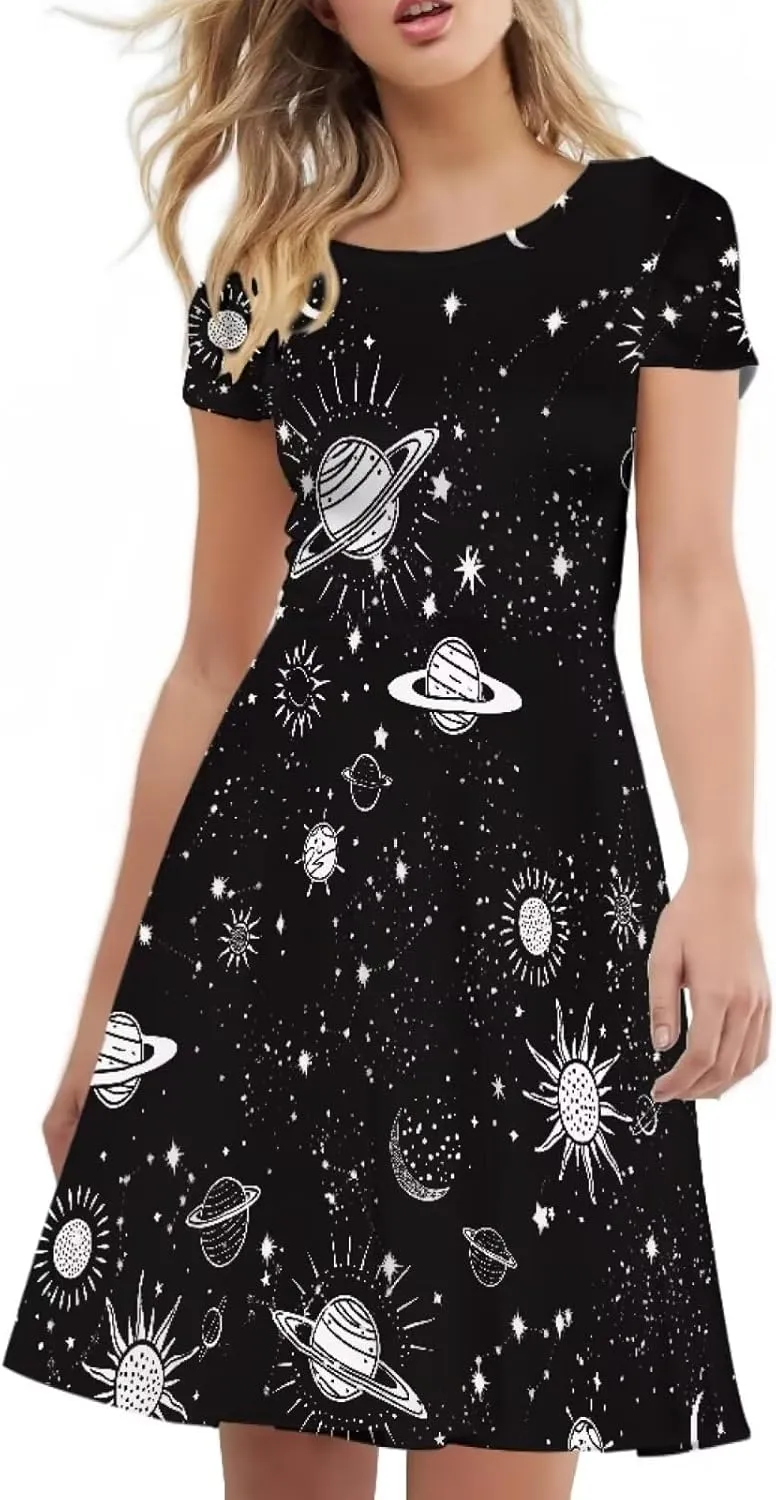 Forchrinse Purple Galaxy Starry Space Womens Dress Short Sleeve Summer Sundress Plus Size Tunic Dresses Elegant Midi Dress