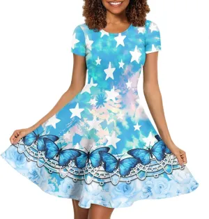 Forchrinse Purple Galaxy Starry Space Womens Dress Short Sleeve Summer Sundress Plus Size Tunic Dresses Elegant Midi Dress