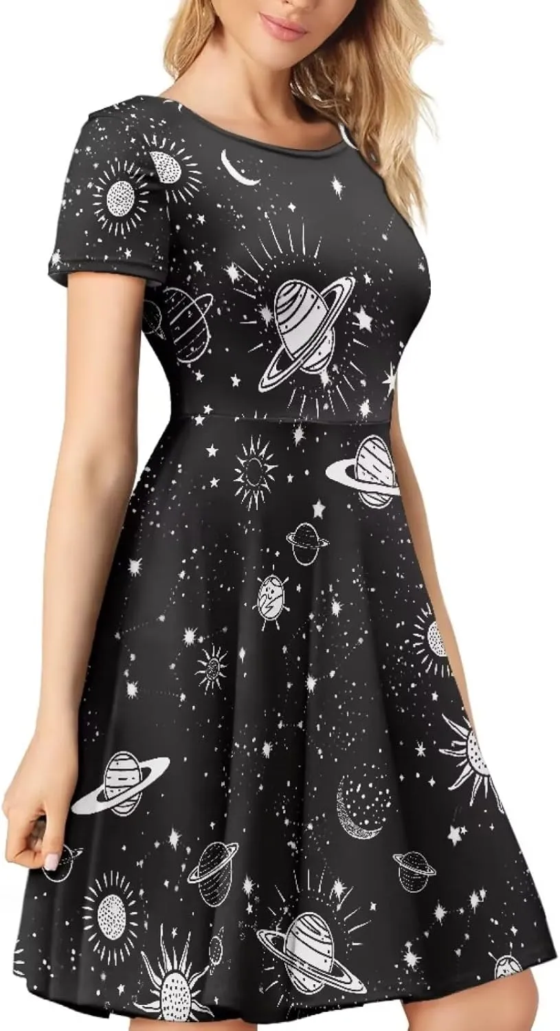 Forchrinse Purple Galaxy Starry Space Womens Dress Short Sleeve Summer Sundress Plus Size Tunic Dresses Elegant Midi Dress
