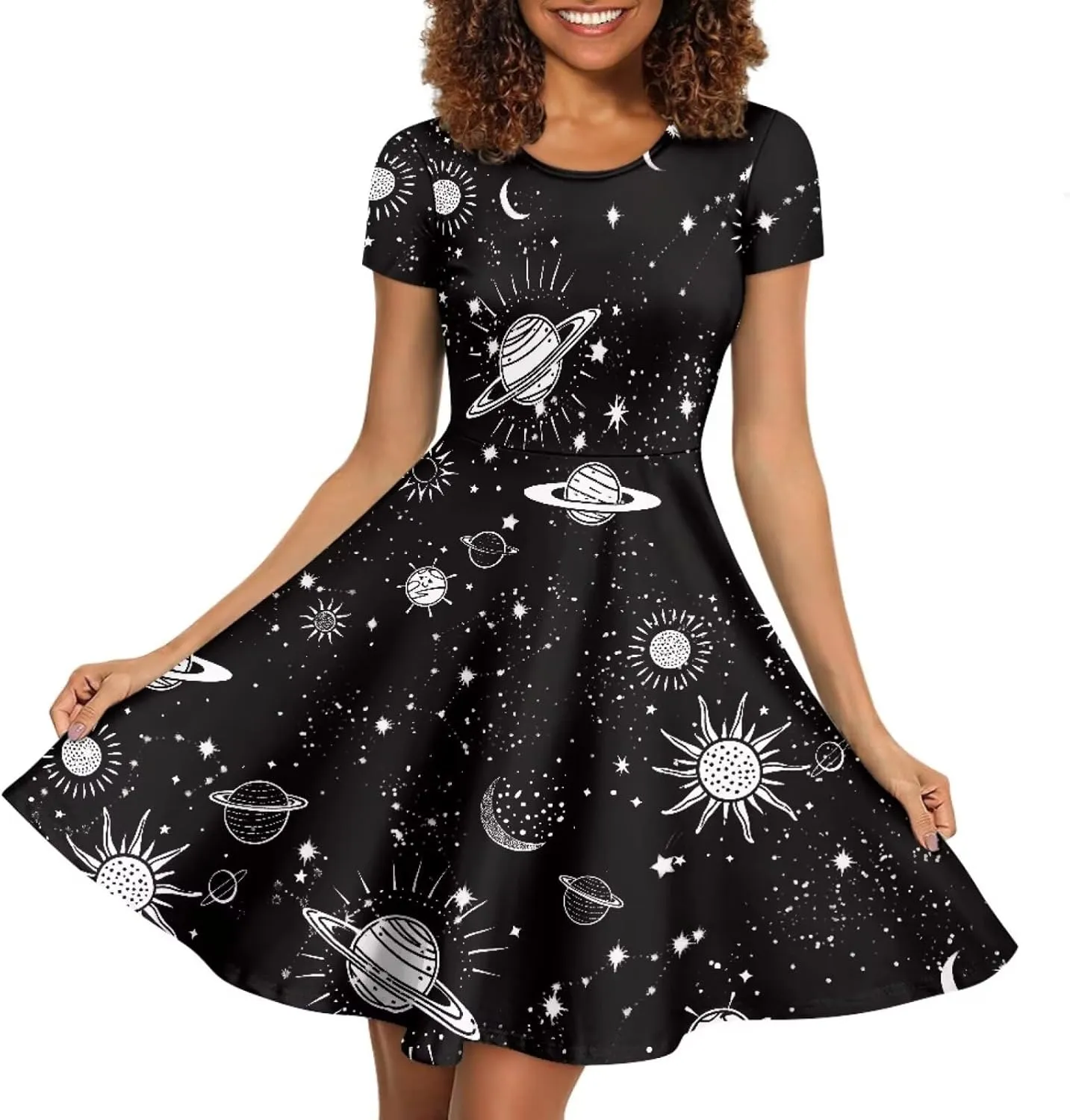 Forchrinse Purple Galaxy Starry Space Womens Dress Short Sleeve Summer Sundress Plus Size Tunic Dresses Elegant Midi Dress