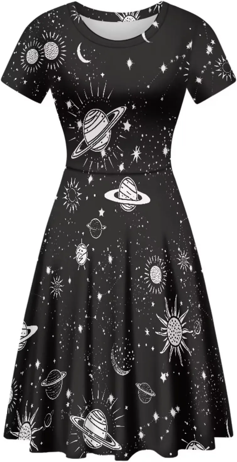 Forchrinse Purple Galaxy Starry Space Womens Dress Short Sleeve Summer Sundress Plus Size Tunic Dresses Elegant Midi Dress
