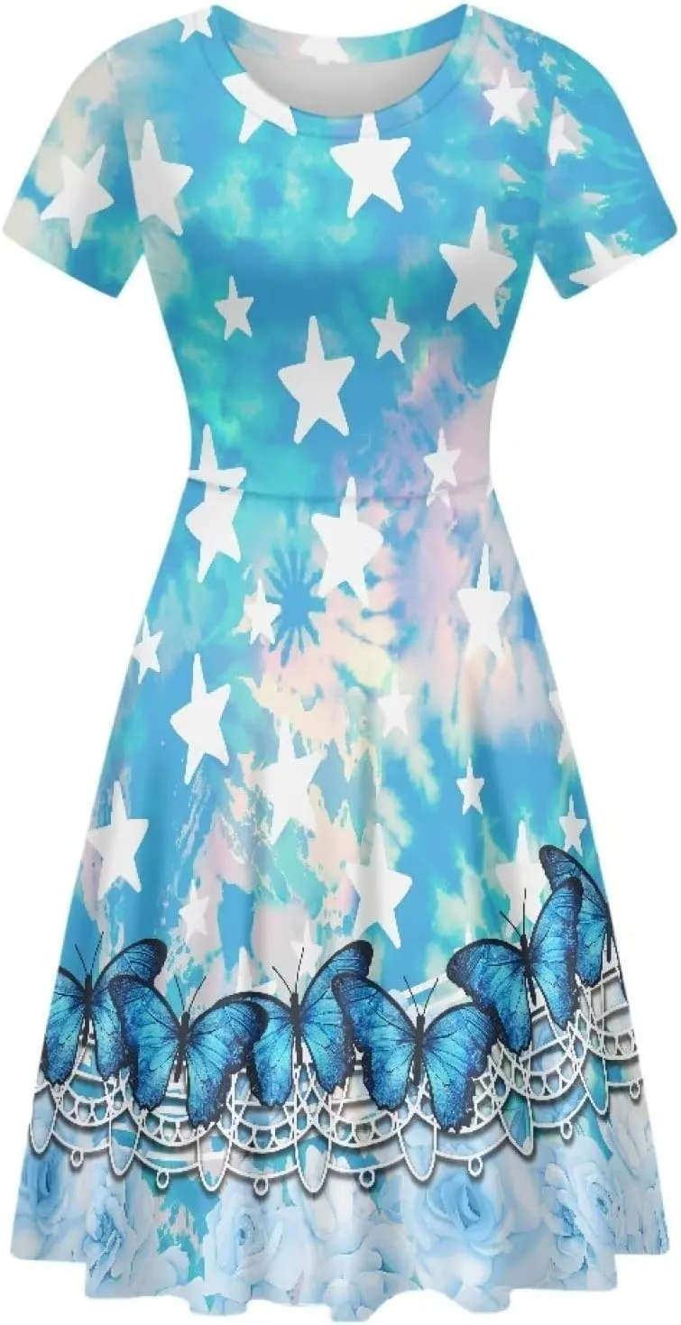 Forchrinse Purple Galaxy Starry Space Womens Dress Short Sleeve Summer Sundress Plus Size Tunic Dresses Elegant Midi Dress