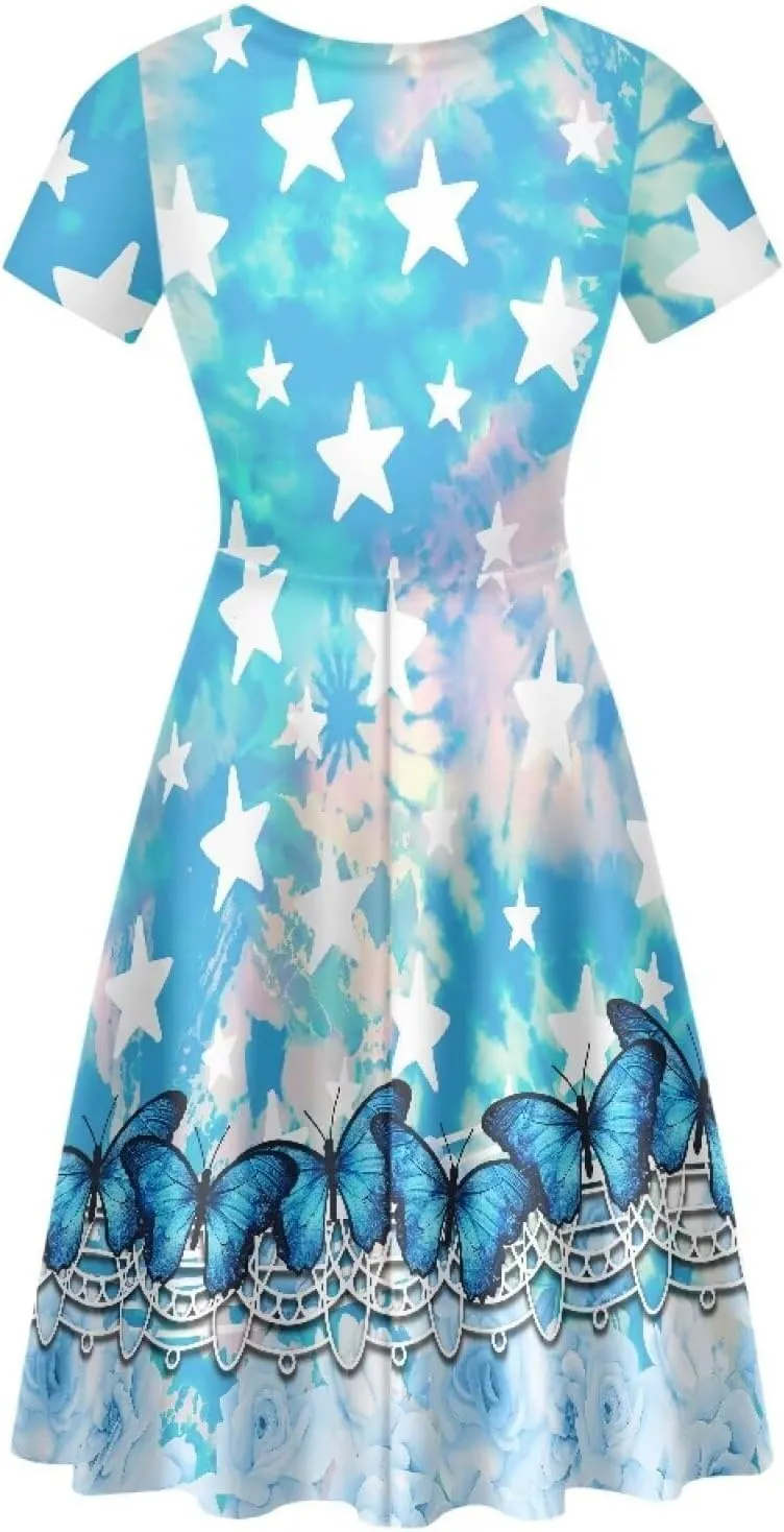 Forchrinse Purple Galaxy Starry Space Womens Dress Short Sleeve Summer Sundress Plus Size Tunic Dresses Elegant Midi Dress