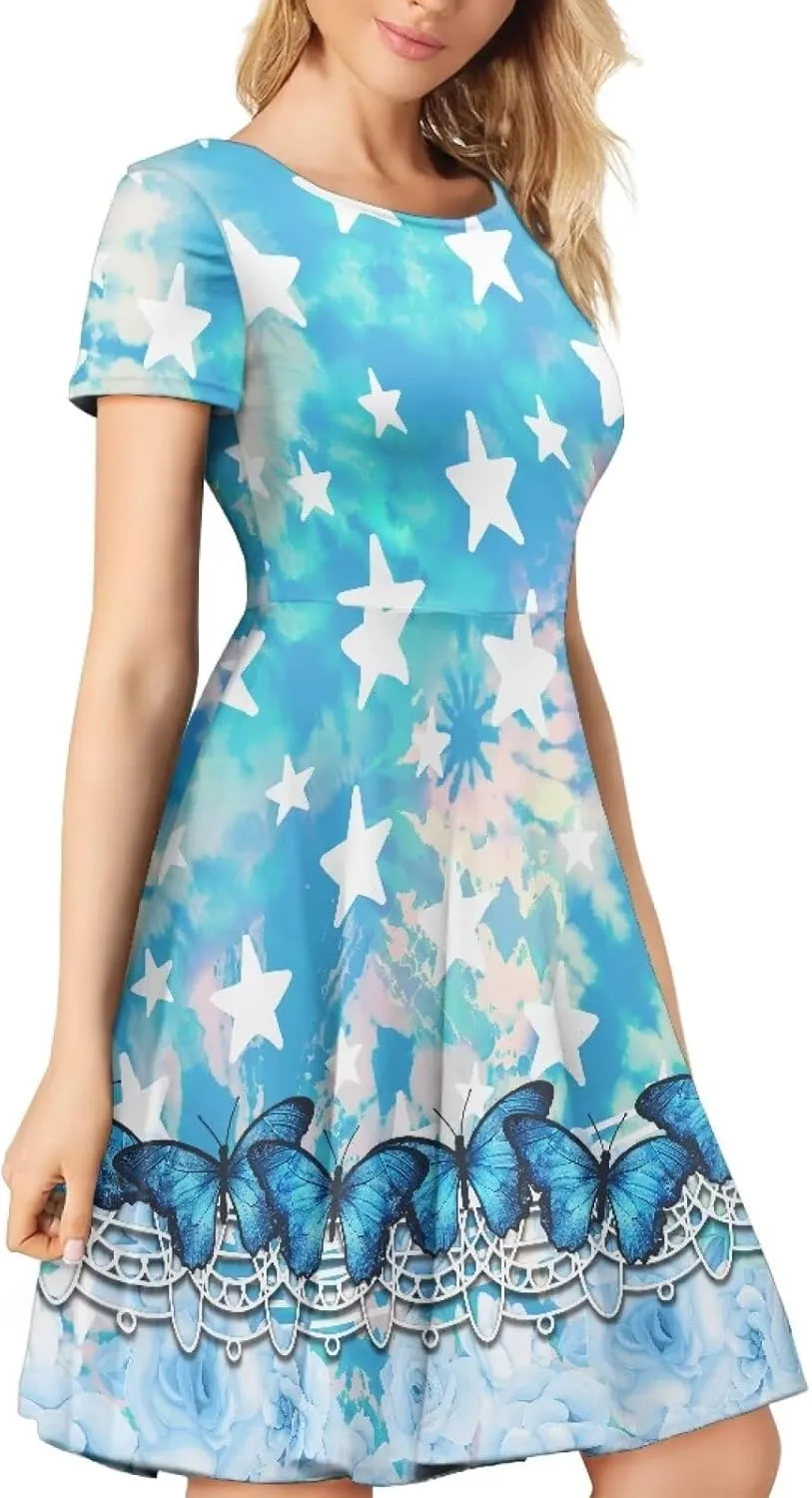 Forchrinse Purple Galaxy Starry Space Womens Dress Short Sleeve Summer Sundress Plus Size Tunic Dresses Elegant Midi Dress