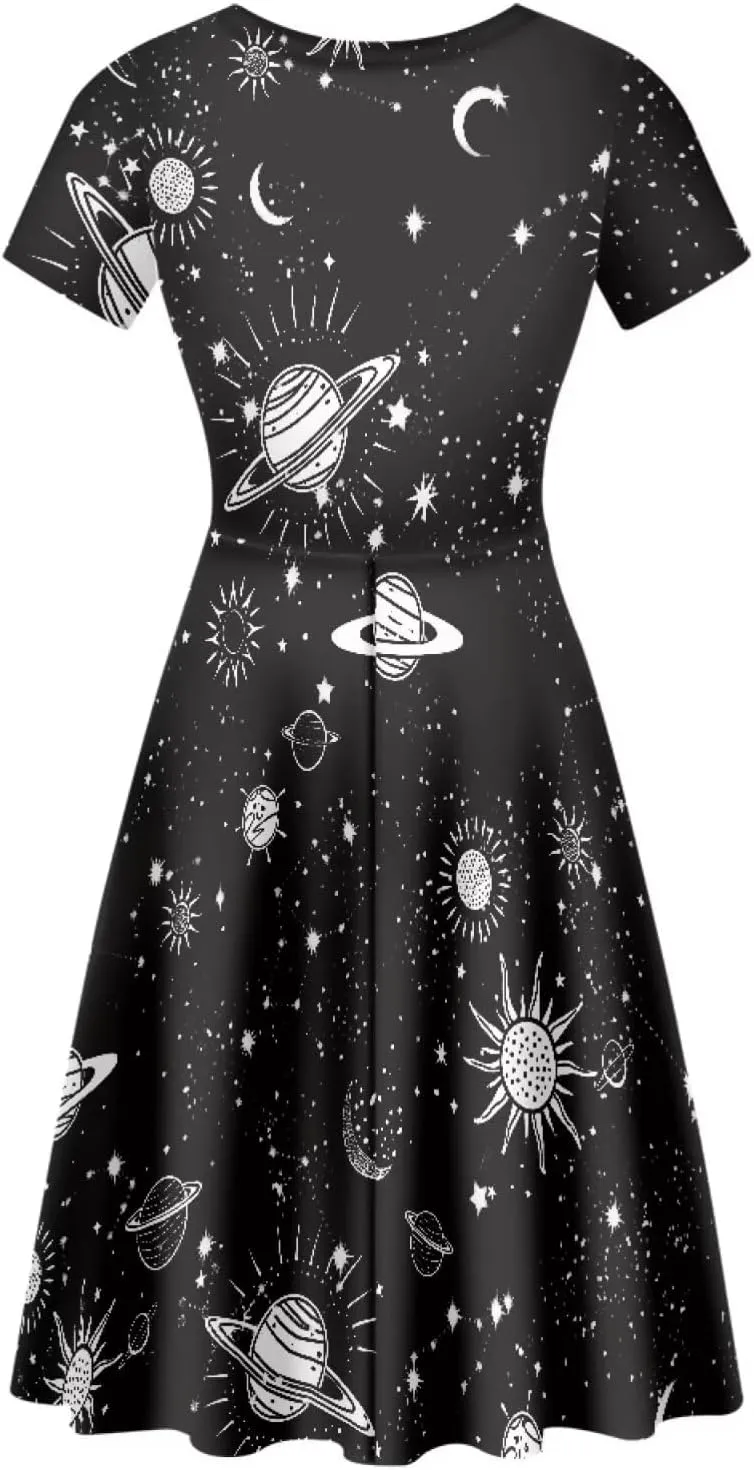 Forchrinse Purple Galaxy Starry Space Womens Dress Short Sleeve Summer Sundress Plus Size Tunic Dresses Elegant Midi Dress