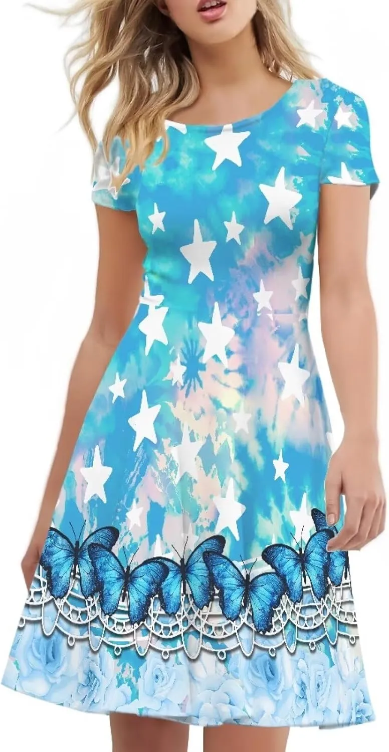 Forchrinse Purple Galaxy Starry Space Womens Dress Short Sleeve Summer Sundress Plus Size Tunic Dresses Elegant Midi Dress
