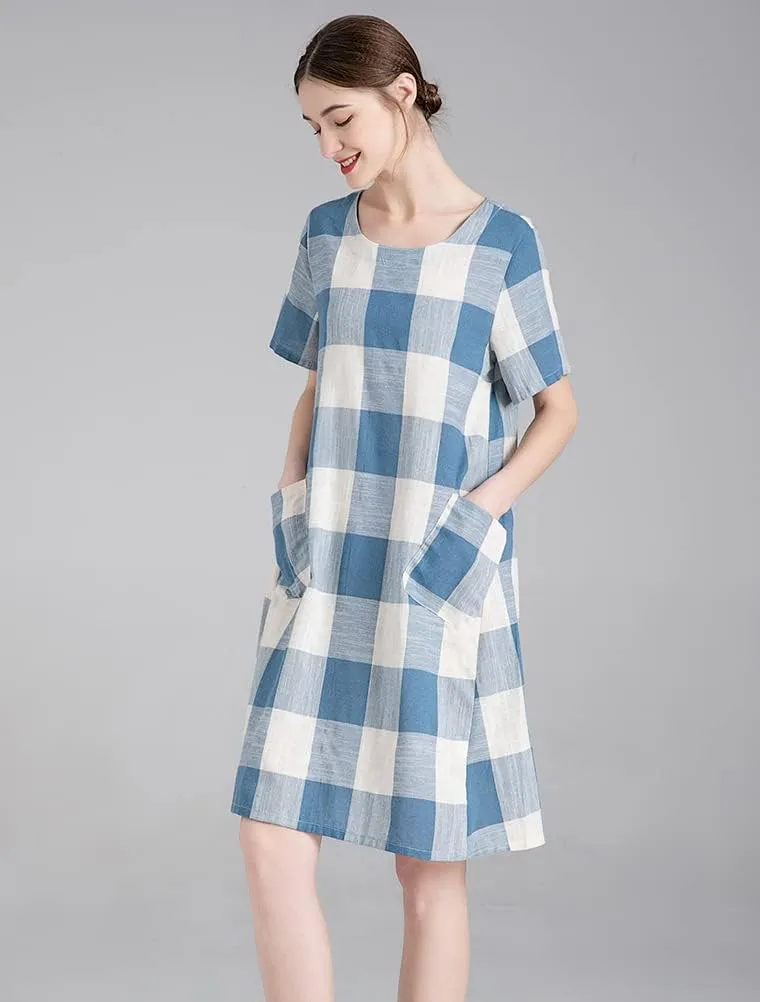 FTCayanz Women's Linen Shirt Dresses Summer Casual Short Sleeve Plaid Tunic Midi Dress