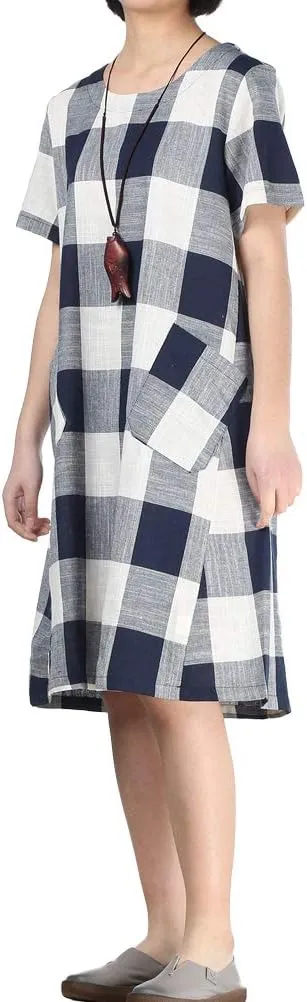 FTCayanz Women's Linen Shirt Dresses Summer Casual Short Sleeve Plaid Tunic Midi Dress