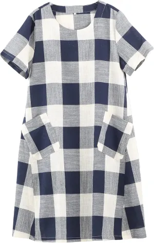 FTCayanz Women's Linen Shirt Dresses Summer Casual Short Sleeve Plaid Tunic Midi Dress