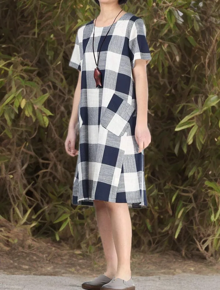 FTCayanz Women's Linen Shirt Dresses Summer Casual Short Sleeve Plaid Tunic Midi Dress