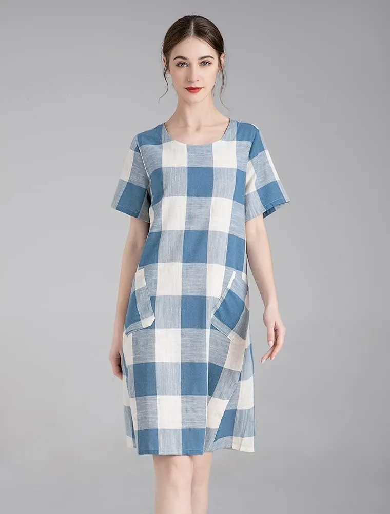 FTCayanz Women's Linen Shirt Dresses Summer Casual Short Sleeve Plaid Tunic Midi Dress