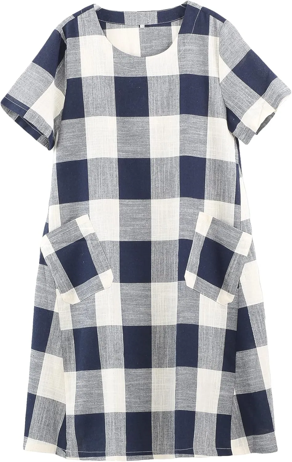 FTCayanz Women's Linen Shirt Dresses Summer Casual Short Sleeve Plaid Tunic Midi Dress