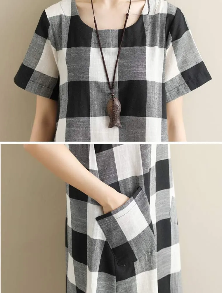 FTCayanz Women's Linen Shirt Dresses Summer Casual Short Sleeve Plaid Tunic Midi Dress