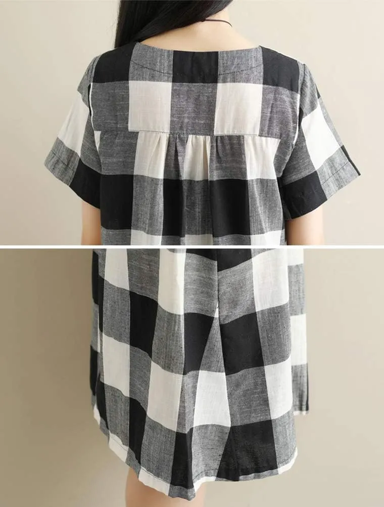 FTCayanz Women's Linen Shirt Dresses Summer Casual Short Sleeve Plaid Tunic Midi Dress