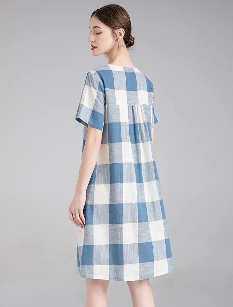 FTCayanz Women's Linen Shirt Dresses Summer Casual Short Sleeve Plaid Tunic Midi Dress