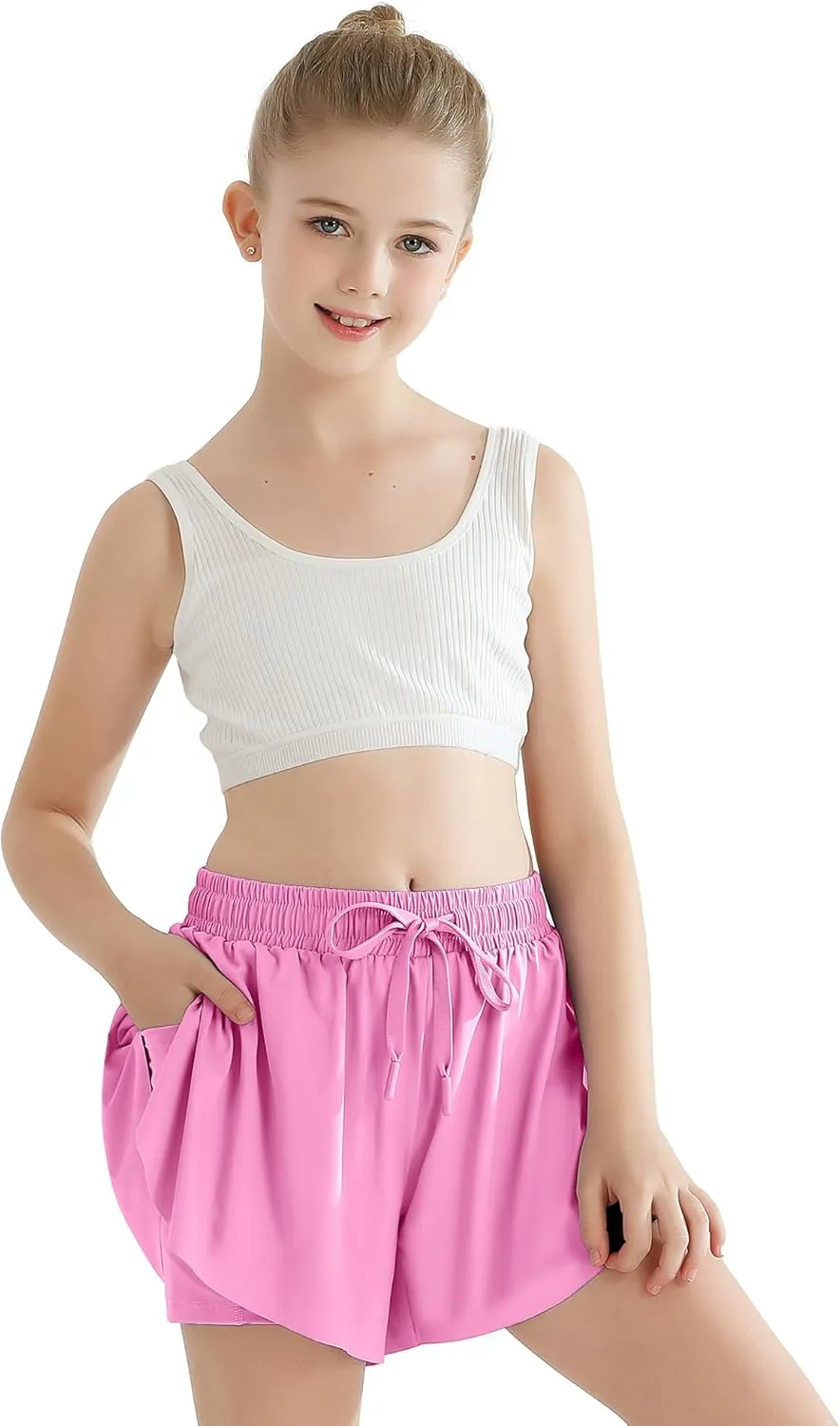Girls Flowy Athletic Shorts with Pocket Kids Spandex 2 in 1 Drawstring Butterfly Skorts for Cheer, Dance, Running
