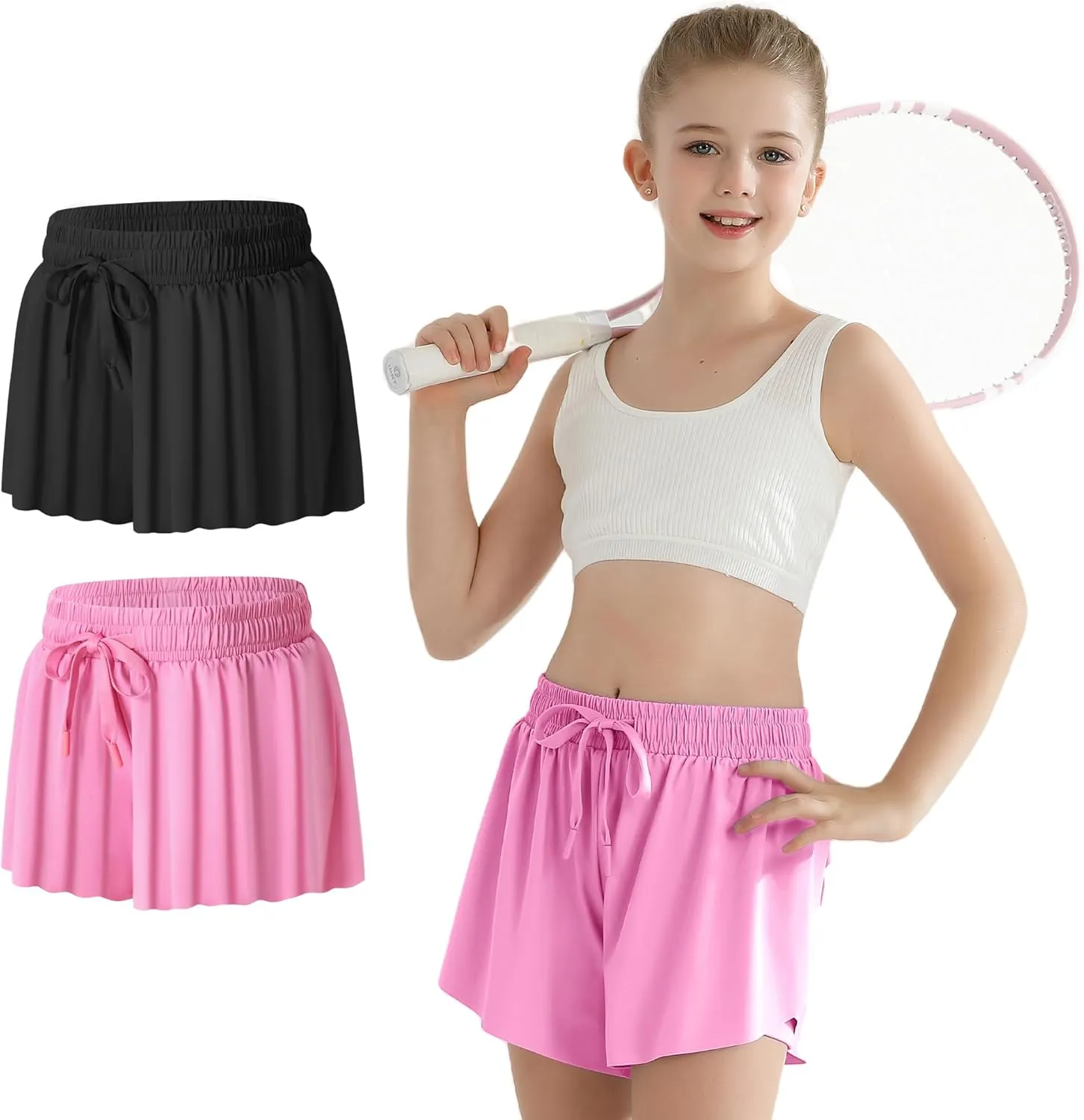 Girls Flowy Athletic Shorts with Pocket Kids Spandex 2 in 1 Drawstring Butterfly Skorts for Cheer, Dance, Running