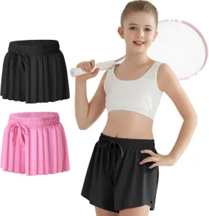 Girls Flowy Athletic Shorts with Pocket Kids Spandex 2 in 1 Drawstring Butterfly Skorts for Cheer, Dance, Running