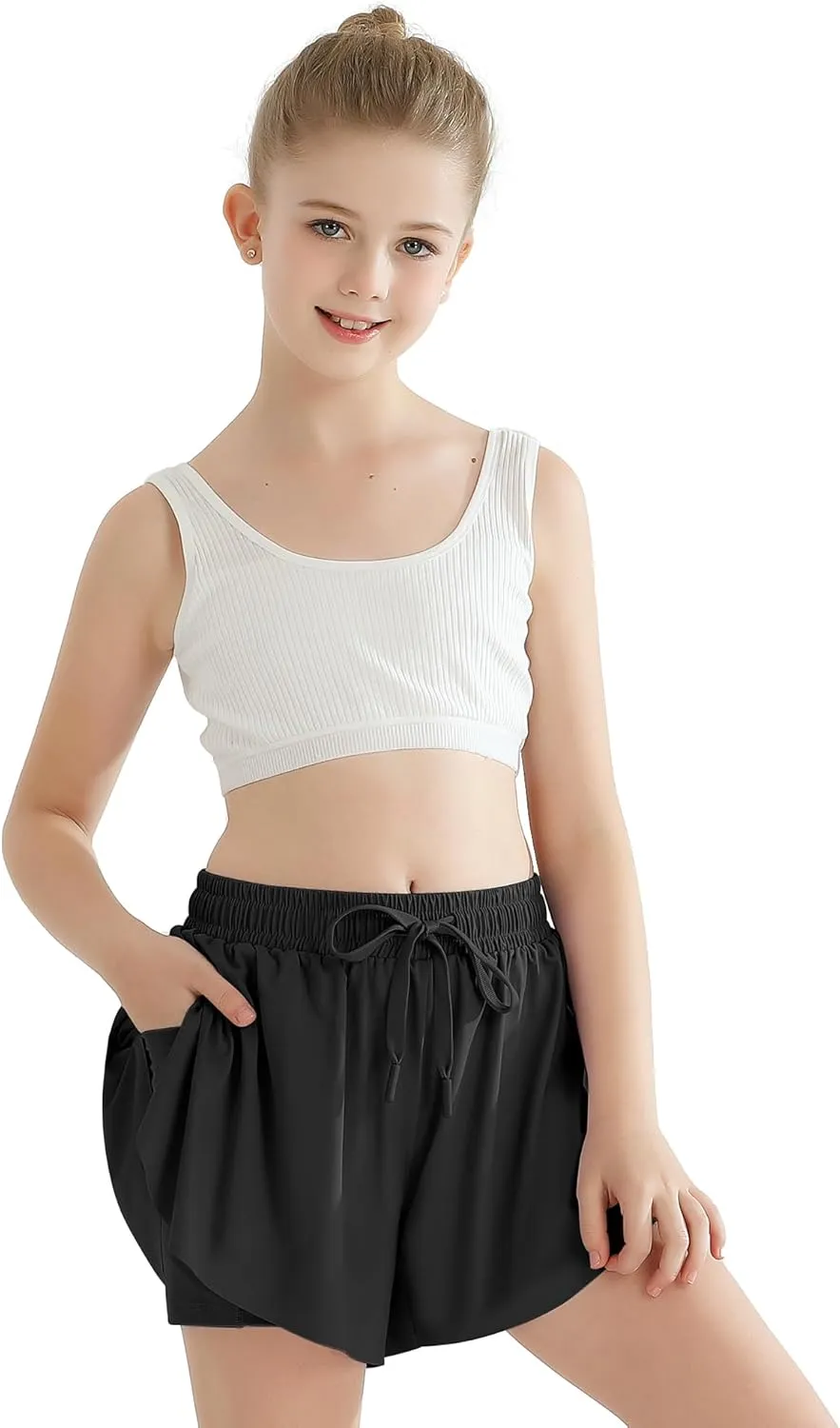 Girls Flowy Athletic Shorts with Pocket Kids Spandex 2 in 1 Drawstring Butterfly Skorts for Cheer, Dance, Running