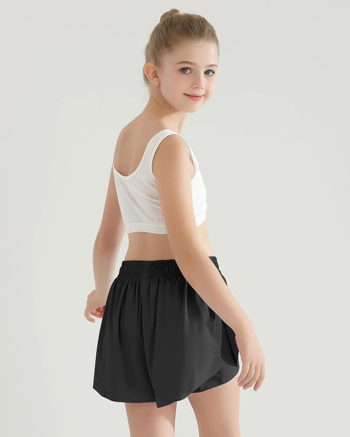 Girls Flowy Athletic Shorts with Pocket Kids Spandex 2 in 1 Drawstring Butterfly Skorts for Cheer, Dance, Running
